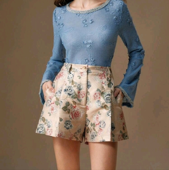 Embroidered Pleated High Waist A-Line Wide Leg Women Shorts